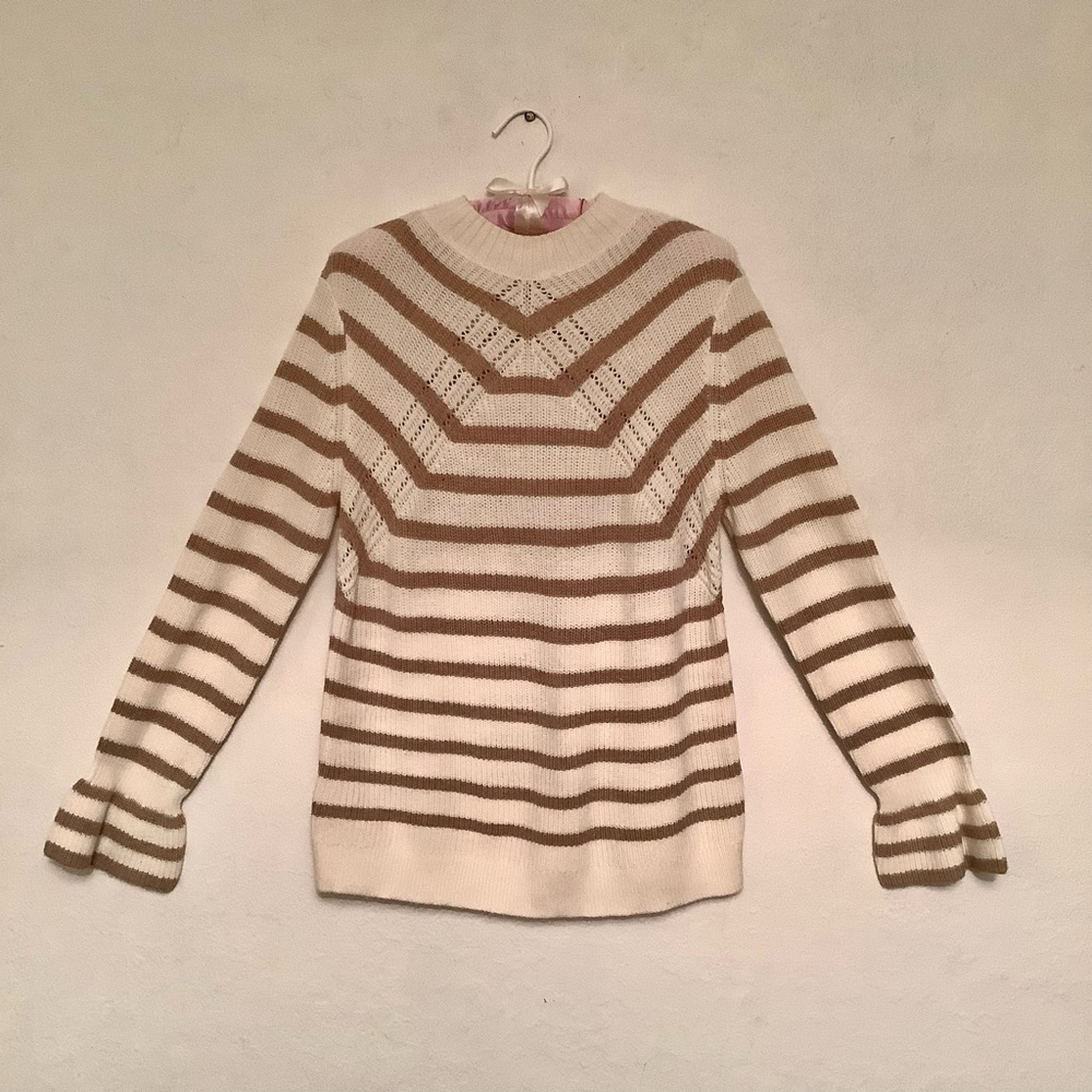 LOFT Stripe Ruffle Cuff Wool Blend Sweater L Pullover